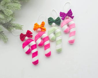 Felt Candy Cane Ornaments | Felt Christmas Ornaments | Gift Topper | Multicolor Set of 4: Color Collection #1