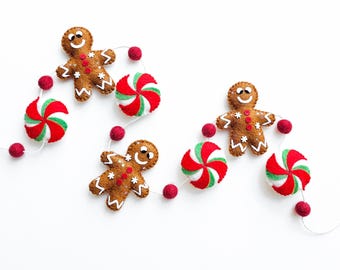 Gingerbread Garland | Felt Christmas Garland | Whimsical Christmas Garland | Red/Green