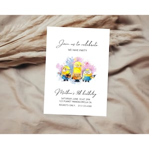 Minions verjaardagsuitnodiging, minions verjaardag, minion pool party uitnodigingen, minimalistische moderne minions, minions cartoon, BONUS bedanktags