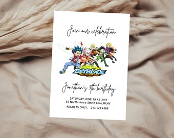 Plantilla editable de invitación de cumpleaños de Beyblade, invitaciones de fiesta de cumpleaños imprimibles, tarjeta de cumpleaños de Beyblade, invitación de fiesta digital para niños