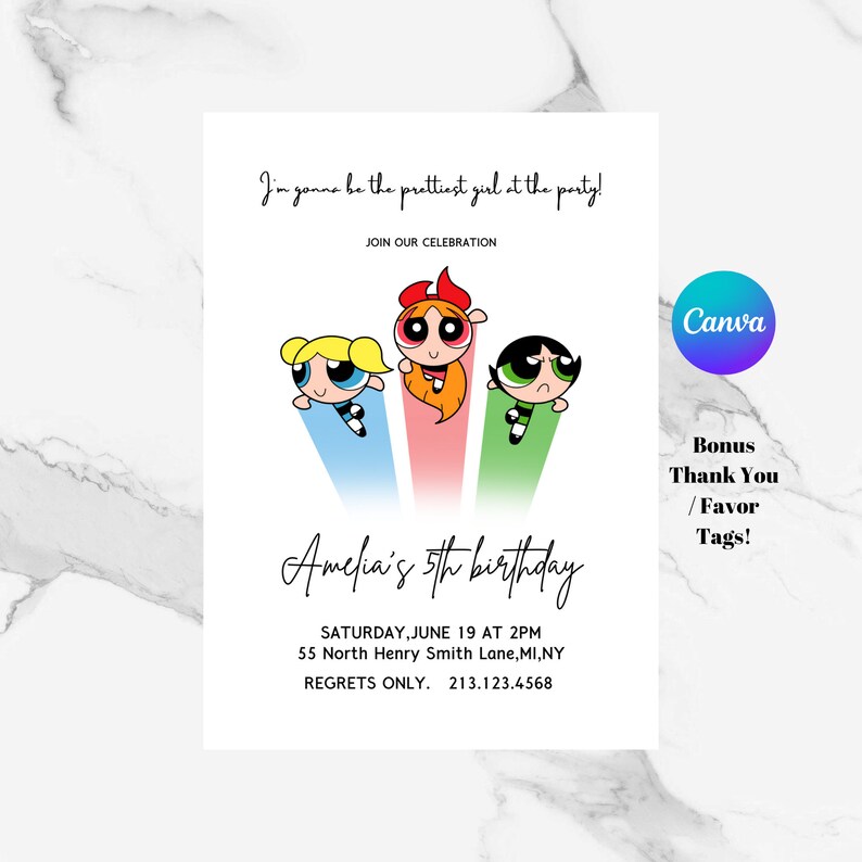 May include: A birthday party invitation featuring the Powerpuff Girls cartoon characters. The invitation is for Amelia's 5th birthday party and includes the date, time, and location of the party. The invitation also includes a phone number for regrets only.