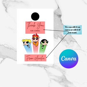May include: A printable thank you card featuring the Powerpuff Girls cartoon characters. The card has a pink, red, and green background with the text "Thank You for Coming" and "From Amelia". The card is editable on Canva.