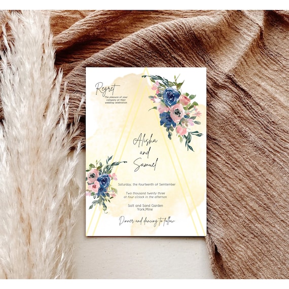 Boho Wedding Invitation Bouquet floral wedding Invitation navy blush floral invite template watercolor boho Invitation Bohemian Invitivation