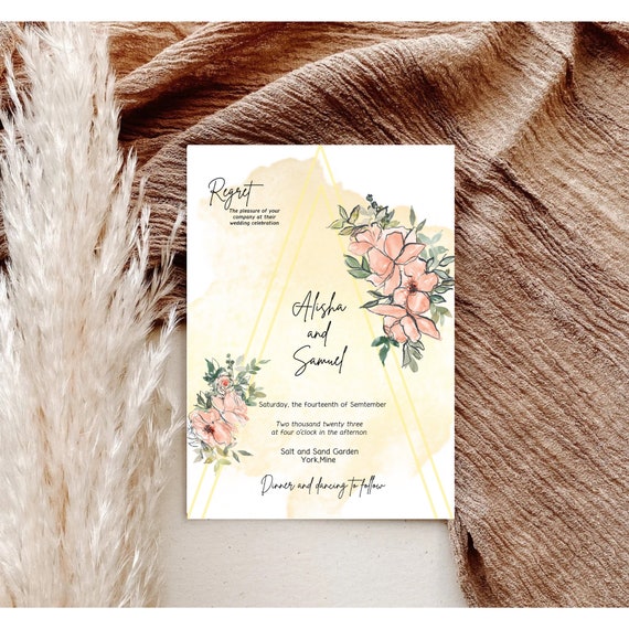 Boho Wedding Invitation beach tropical wedding Invitation peach floral invitation template watercolor boho Invitation Bohemian Invitivation