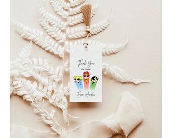 Powerpuff Girls Thank You Tags Editable Template, Girls Favor Tags, Kids Birthday Thank You Tags, Superhero Thank You Card