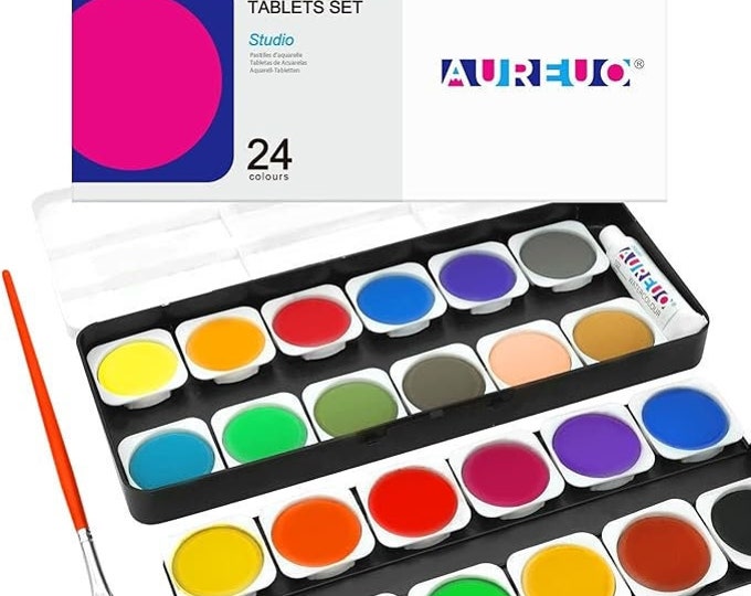 24 Colors Watercolor Paint Set - Washable Set with Brush & Palette - Non-toxic Water Color Paints for Kids, Adults, Beginners, and Artists