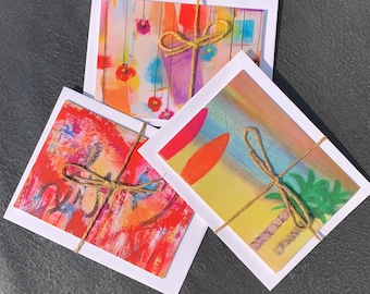Tarjetas artísticas originales en papel de lino de lujo, 3 tarjetas surtidas, interior en blanco, sobres incluidos.