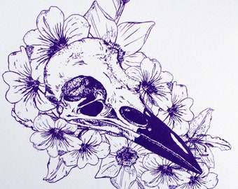 Crow Skull and Flowers -- Hand-pulled Screenprint