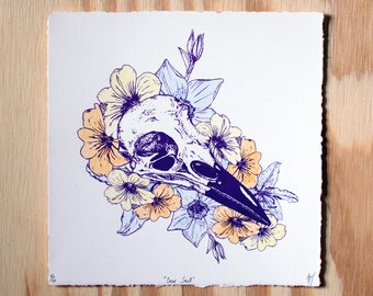 Limited Edition Crow Skull and Flowers -- Screenprint with hand-painted detail