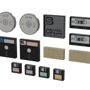 Bedrukte tegels: computerretropack, diskette, cd, MC, kaart