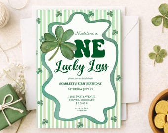 Lucky One First Birthday Invitation for boy or girl |  St Patrick’s Day Birthday, Green Shamrock Party | Editable Digital Invite, Watercolor
