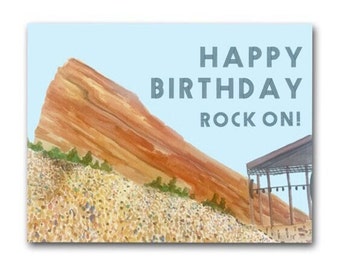 Red Rocks Birthday Card for Music Lover | Watercolor Birthday Card Red Rocks | Rock On Birthday Card | Music Pun Birthday | Punny Card