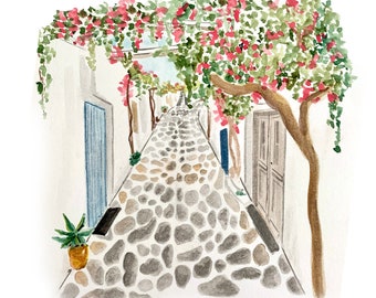 Watercolor Alley in Greece, Greece Scene Painting, Colorful Greek Island Painting