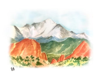 Mountain Watercolor Wall Art  | Art Print | Pikes Peak Garden of the Gods for outdoor lover | Colorado Home Decor | Mountain wall art