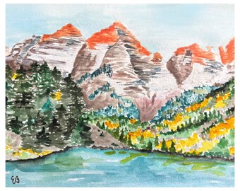 Maroon Bells Art Print | Colorado Art | Watercolor painting Maroon Bells Mountain and Lake Scene | Wallart