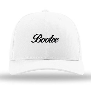 May include: White baseball cap with a black embroidered logo that says "Bootee".