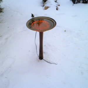 May include: A bird bath with a brown metal stand and a round, copper-colored bowl. The bowl is filled with water and there is a small bird perched on the edge of the bowl. The bird bath is sitting on a snowy surface.