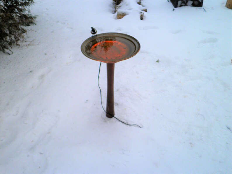 May include: A bird bath with a brown metal stand and a round, copper-colored bowl. The bowl is filled with water and there is a small bird perched on the edge of the bowl. The bird bath is sitting on a snowy surface.