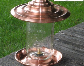 Bird feeder PURE copper! 8'' base with 10'' roof for sunflower seeds. Brass hardware. NO PLASTIC! Mason jar 2 liters.