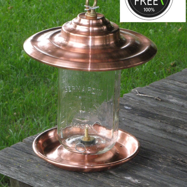 Bird feeder. PURE copper! 2 liters Mason jar. For sunflower seeds. 8'' base, 10'' roof . Brass hardware.  NO PLASTIC! Almost raccoon free!