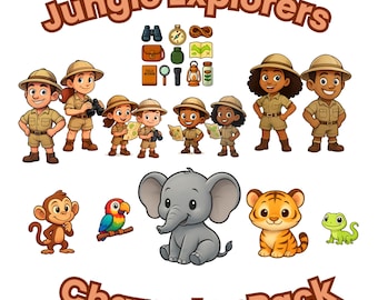 Explorer Character Clipart Bundle | Jungle Adventure Illustrations | 8 Humans + Animals + Props | Commercial Use