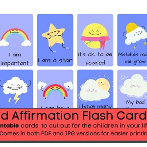 Kids Positive Affirmation Flash Cards for parents & teachers child motivation clouds rainbows happy blue background, sunshine illustrations