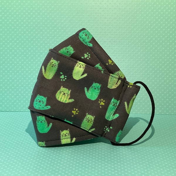 Origami Cat Cactus Face Mask, 3D Fitted Design, Anti Fog, Washable Cotton Fabric, Filter Pocket, 3 Layer, Nose Wire, Adjustable Elastic