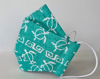Origami 3D Hawaiian Turtles Face Mask, Summer Teal Print, Fitted, Washable Cotton, 3 Layer, Filter Pocket, Nose Wire, Anti Fog, Adjustable