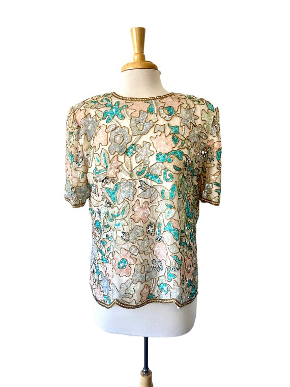 Laurence Kazar Floral Sequined Beaded Blouse