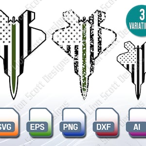 Könnte beinhalten: Drei Variationen einer schwarzen und weißen F-22-Kampfjet-Silhouette mit einem grünen Streifen und einem amerikanischen Flaggenmuster. Die Designs sind in den Formaten SVG, EPS, PNG, DXF und AI verfügbar.