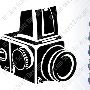 May include: A black and white silhouette of a vintage camera with a large lens and a viewfinder. The camera is a classic design with a boxy body and a single lens.