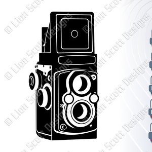 May include: A black and white silhouette of a vintage camera with two lenses. The camera has a rectangular body with a rounded top and a handle on the side.