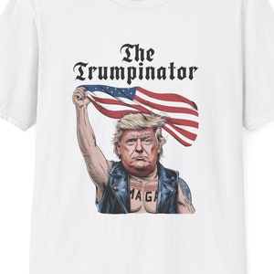 Funny The Trumpinator Political Graphic Tee, Unisex Softstyle T-Shirt, MAGA Apparel for Republican Friends and Family, Fun Political Satire