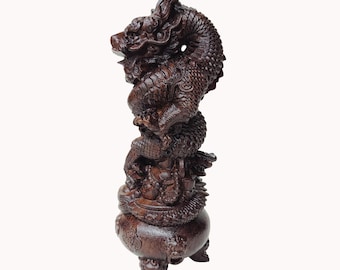 Handcrafted wooden panlong(盘龙）Dragon Sculpture Chinese fengshui Wealth Guardian Ornament Home Deco Good Luck Gift