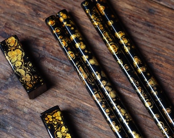 Gold Leaf Lacquer Chopsticks Set, Handmade Chinese Lacquerware Chopstick Rest,  Gift for Wedding Housewarming