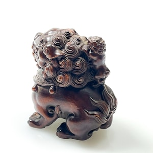 Chinese Stone Lion Boxwood  Sculpture Hand carved Chinese Stone Lion Feng shui Figurine Protection Talisman