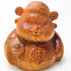 Mini Caishen （财神） Wood Carving Handmade Chinese God of Wealth Sculpture Wood Decor Lucky Charm Gift