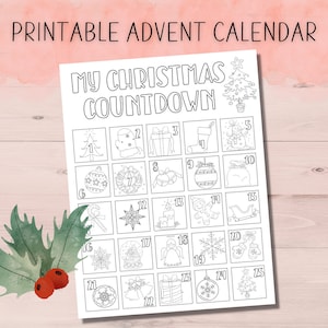 Druckbarer Adventskalender für Kinder | Weihnachts-Countdown | Weihnachten Malseite | Druckbares Weihnachtsspiel | Advents Malseite |