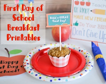 Imprimíveis do café da manhã do primeiro dia de aula | Decoração do primeiro dia de aula | Imprimíveis de volta às aulas | Imprimíveis escolares |