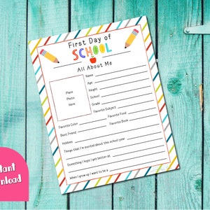 First Day of School All About Me Printable | First Day of School Questionnaire | School Printable | Back to School Printable | Interview |