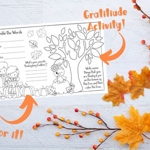 May include: A black and white printable Thanksgiving activity sheet with a gratitude tree, a pumpkin patch, and a section for writing down favorite Thanksgiving traditions. The text on the sheet reads "Gratitude Activity!" and "Unscramble the Words".