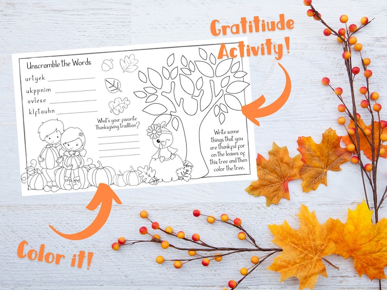 May include: A black and white printable Thanksgiving activity sheet with a gratitude tree, a pumpkin patch, and a section for writing down favorite Thanksgiving traditions. The text on the sheet reads "Gratitude Activity!" and "Unscramble the Words".