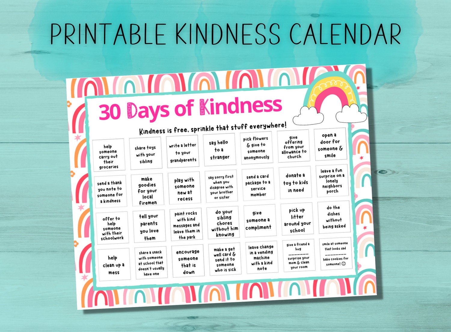 Kindness Calendar Kindness Matters Printable Kindness Random Acts of Kindness Social Emotional Learning Treat People With Kindness - Etsy