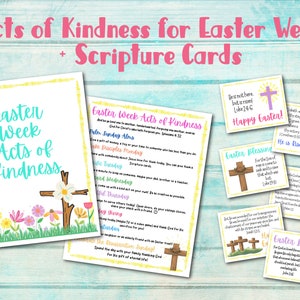 Peut inclure: Activités imprimables pour la semaine de Pâques pour les enfants. Un ensemble de cartes colorées avec des versets bibliques et des actes de gentillesse pour chaque jour de la semaine. Les cartes présentent une croix avec des fleurs et un soleil.