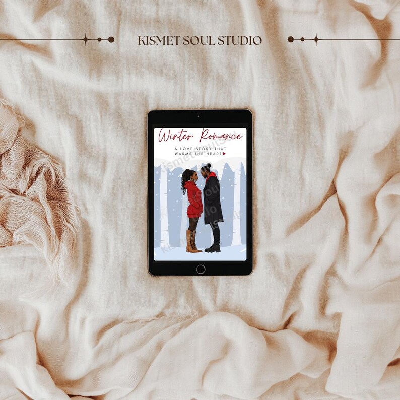 Puede incluir: Una portada de libro digital con una escena de invierno que presenta a una pareja con ropa roja y negra. El texto de la portada dice "Winter Romance: A Love Story That Warms The Heart".