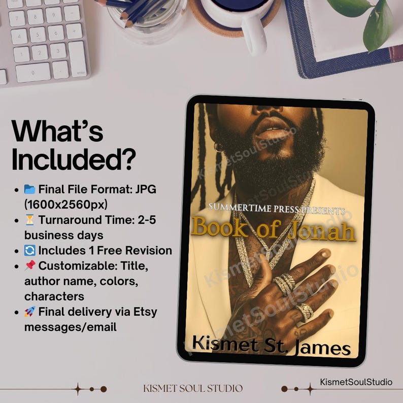 Puede incluir: Un dise&ntilde;o de portada de libro digital para "Book of Jonah" de Kismet St. James. La portada presenta un primer plano de la cara y la mano de un hombre, con un collar de cadena de oro y anillos. El fondo es de color marr&oacute;n claro.