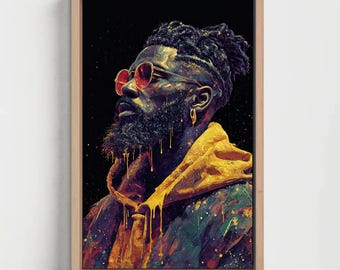 Retrato de hombre negro con estilo Drip, lámina de arte urbano callejero, póster decorativo de pared de estilo afrocéntrico.