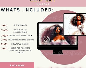 Paquete de imágenes prediseñadas de novia negra elegante / Arte afro en acuarela (descarga digital)