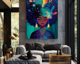 Flerfärgad Maximalistisk inramad affisch | Svart kvinnakonst | Maximalistisk väggkonst | Heminredning, inspirerande present, afrofuturistisk kvinna