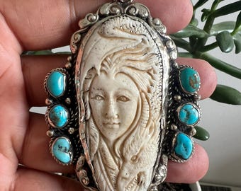 Large bone carved with turquoise pendant, 3.5x2 inches, Handcrafted (P-146)